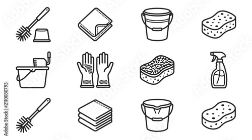 Schilderij op canvas Cleaning Supplies Icon Set: Toilet Brush, Bucket, Sponge, Gloves, Sprayer, Cloth