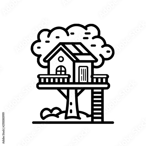 Detailed line art illustration of a cozy treehouse with ladder in a large tree