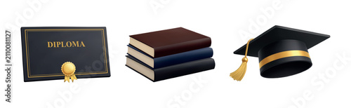 Diploma, certificate, educational books and graduation hat collection. Realistic 3D academic icons