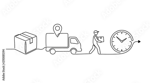 Canvastavla Continuous line drawing of a delivery service with a truck, courier, parcel, and