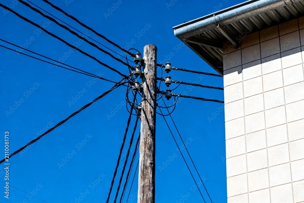 Fototapeta premium Utility Pole and Power Lines Against Clear Blue Sky