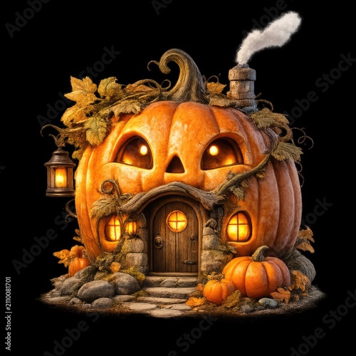 Whimsical Glowing Pumpkin Cottage House with Cozy Fairy Windows Halloween Fantasy Home Isolated on Transparent Background