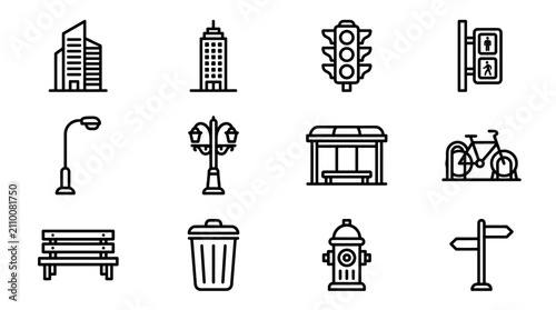 Bild auf Leinwand Urban City Icons Set: Buildings, Traffic Light, Bus Stop, Bike Rack, Bench, Tras