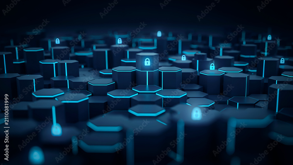 Fototapeta premium Hexagonal network with glowing blue security locks in a futuristic digital landscape