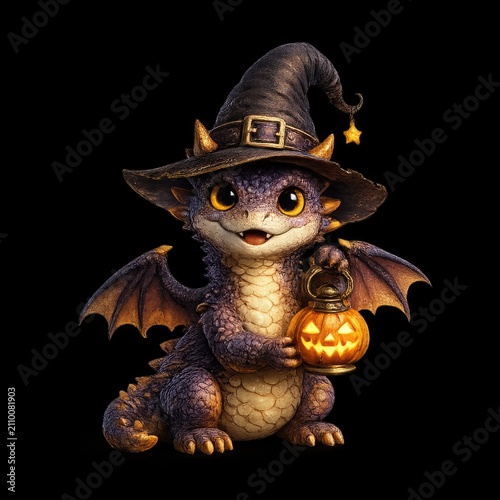 Cute Baby Dragon Wearing Witch Hat Holding Glowing Jack O Lantern Isolated on Transparent Background for Halloween