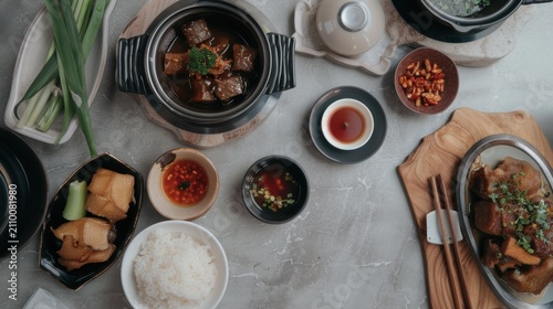 A delectable top-down view of traditional Bak Kut Teh, a beloved herbal pork rib soup originating from the Chinese diaspora in Malaysia and Singapore. The rich, dark broth is brewed for hours with a c