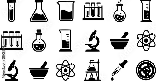 Test Tube & Experiment silhouette icon set, flat black glyph style, pure white background