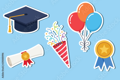 Cute graduation sticker collection featuring diploma, graduation cap and academic symbols. Perfect for back to school