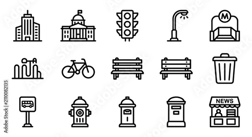 Bild auf Leinwand Urban City Icons: Buildings, Traffic Light, Street Lamp, Subway, Bike, Bench, Tr