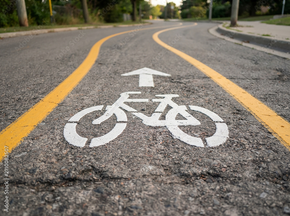 Obraz premium White bicycle lane symbol painted on the asphalt road with yellow lines