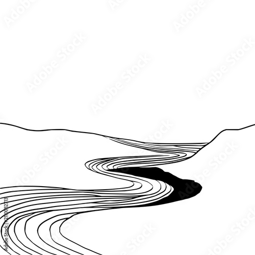 Minimalist line art of a winding river flowing through a simple landscape background