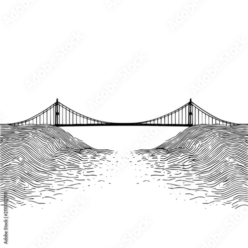 Hand drawn sketch of a suspension bridge connecting two hills over water in engraving style
