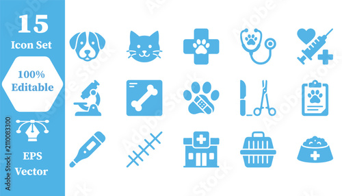 Veterinary and pet care icon set with veterinary medicine stethoscope