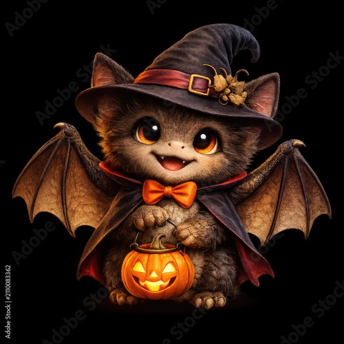 Cute Bat Wearing Witch Hat Holding Jack O Lantern Pumpkin Isolated on Transparent Background for Halloween