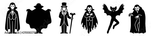 Foto Silhouettes of classic vampire characters and a bat in various poses and outfits