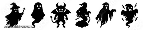 Fotografie Silhouettes of spooky Halloween-themed characters including ghosts, demons, and