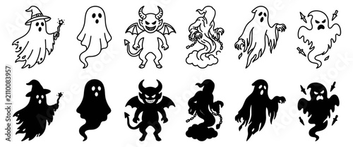 Obraz na płótnie Black and white ghost and demon silhouettes with spooky Halloween supernatural c
