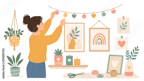 Foto Woman decorates wall with hanging hearts and framed art