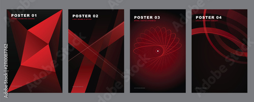 Abstract red and black design templates set. Modern geometric, line, spiral, and wave patterns for posters, covers, or backgrounds.