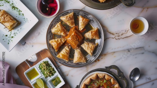 A tantalizing, high-resolution close-up of traditional baklava, showcasing the dessert's intricate layers of paper-thin phyllo pastry, perfectly baked to a crisp golden brown, and drenched in a luscio