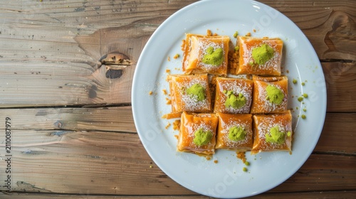 A tantalizing, high-resolution close-up of traditional baklava, showcasing the dessert's intricate layers of paper-thin phyllo pastry, perfectly baked to a crisp golden brown, and drenched in a luscio
