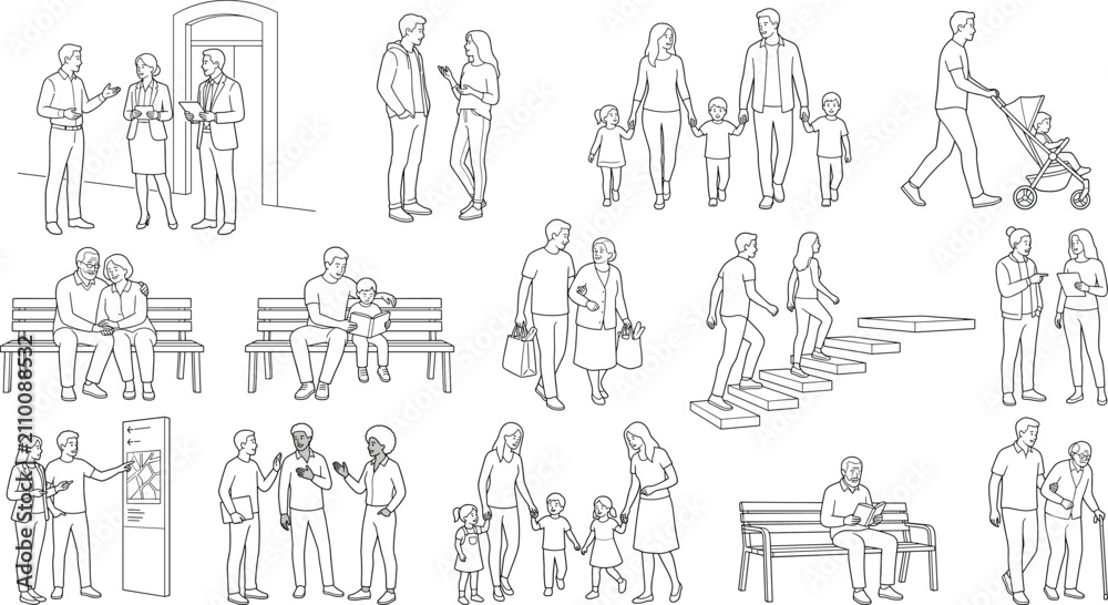 Obraz premium People Interaction Line Art Vector Collection with Families, Conversations, Walking and Everyday Activities