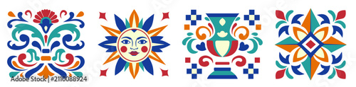 A set of 4 tiles. Mediterranean tiles, colorful summer patterns. Traditional Spanish, Sicilian, Portuguese, and Italian decorations. A set of vector mosaic patterns with ethnic motifs.