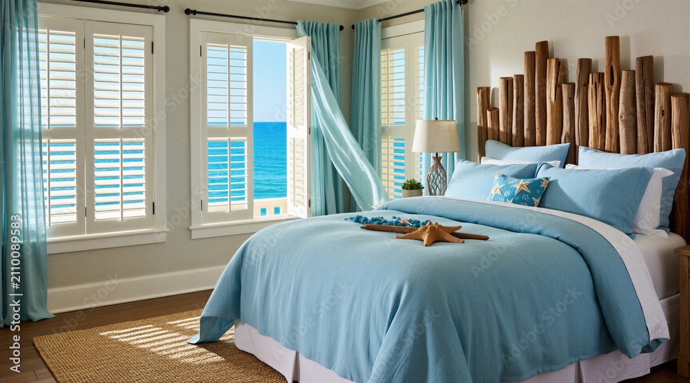 Obraz premium Bright coastal bedroom features blue decor with ocean view. Driftwood headboard sits behind bed with linen bedding plus starfish decor. Open shutters show sea horizon through window. Airy room
