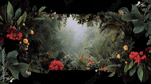 Aesthetic jungle frame, black, Elegant black frame with a jungle aesthetic, showcasing detailed plant motifs