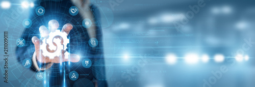 Obraz na płótnie Solutions Architect hand holding Business Integration and data networking, enterprise system merging, cross platform workflow optimization, digital infrastructure unification