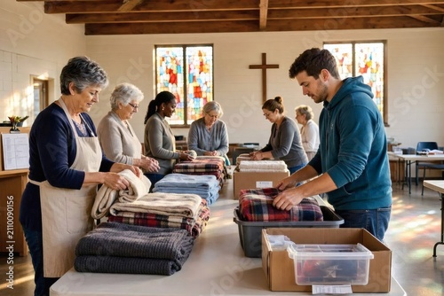 Hands‑on blanket preparation at a faith‑based donation drive — Close mid‑shot showing volunteers sorting, folding, and stacking blankets with focused expressions, ideal for editorial use 