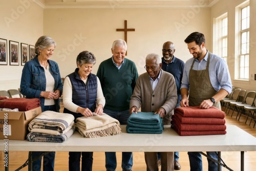 Intergenerational volunteers organizing blankets for shelter distribution — Narrative image of seniors and youth working side‑by‑side in a church hall, emphasizing continuity, mentorship