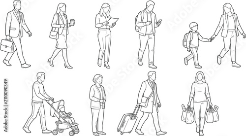 Walking People Line Art Collection with Business Family Travel and Everyday Lifestyle Characters
