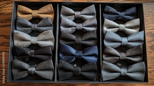 Assorted bow ties in shades of gray and black, A collection of bow ties in various shades of gray and black arranged neatly