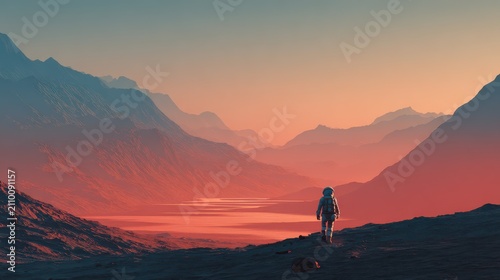 Astronaut walking on Mars, A lone astronaut traversing the Martian landscape