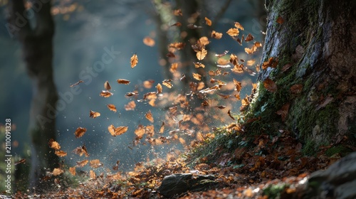Autumnal Breeze - A flurry of leaves around a tree trunk, Vibrant autumn leaves flutter around the base of a tree trunk