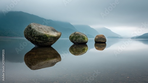 Balanced rocks are reflected in calm lake, A tranquil lake reflects balanced rocks