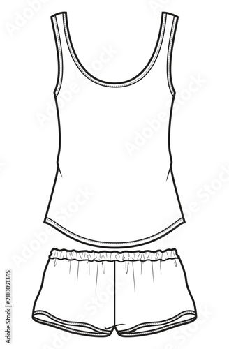 Women's sleeveless round neck Tank top vest with shorts flat sketch fashion illustration drawing template mock up with front and back view, Camisole Night wear pajama set. Cami set sleepwear