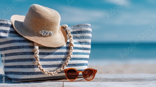 Beach bag hat accessories sunglasses, A beach scene featuring a colorful bag