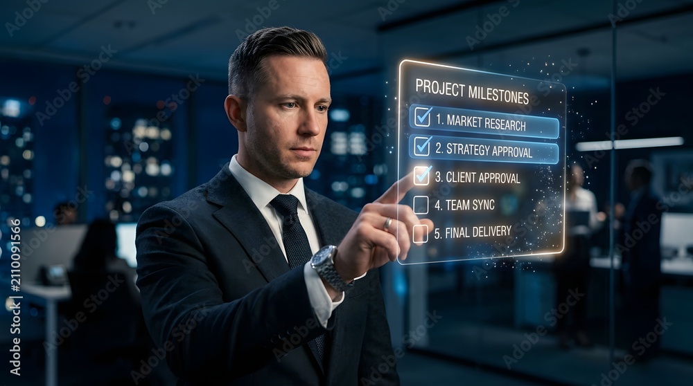 Fototapeta premium Businessman interacting with a digital holographic project management interface in a modern office