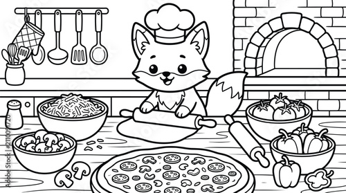 Cute cartoon fox chef preparing homemade pizza in a rustic kitchen coloring page for children and adults