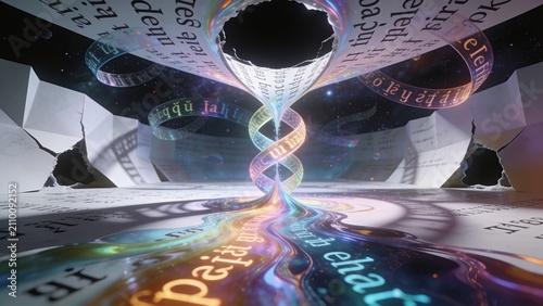Surreal sci-fi landscape featuring a paradoxical alien language made of glowing neon ribbon text twisting into a double helix and flowing into a spatial tear vortex.