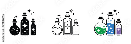 Konstfotografi Potion bottle icons illustrating magic elixir, glass flasks, laboratory vials, a