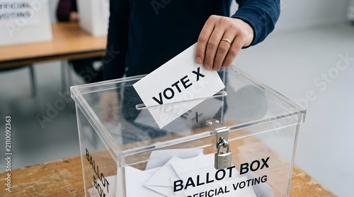 Person casting a vote by placing a ballot paper into a clear plastic ballot box at a polling station