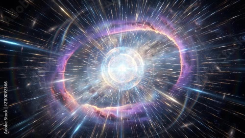 Explosion of cosmic nebula ring with radiant light and streaking stars in starburst particles
