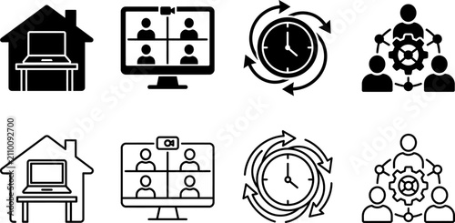 remote work and virtual meeting icons in black and white