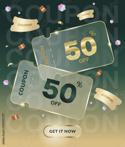 Glassmorphic coupon discount ticket banner vector. Modern luxury green discount voucher card template. Glass effect coupon banner with 50 percent off discount offer. Luxury 3d discount voucher ad

