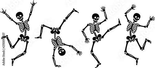 Foto Dancing skeleton figures in various playful poses illustrating movement and fun