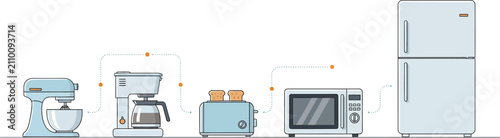 Set of various household kitchen appliances including a mixer coffee maker toaster microwave and a refrigerator
