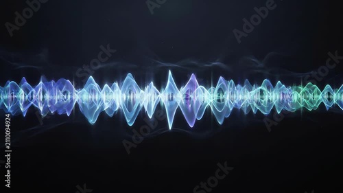 Vibrant blue audio waveform glowing dark background, neon sound spectrum frequency equalizer